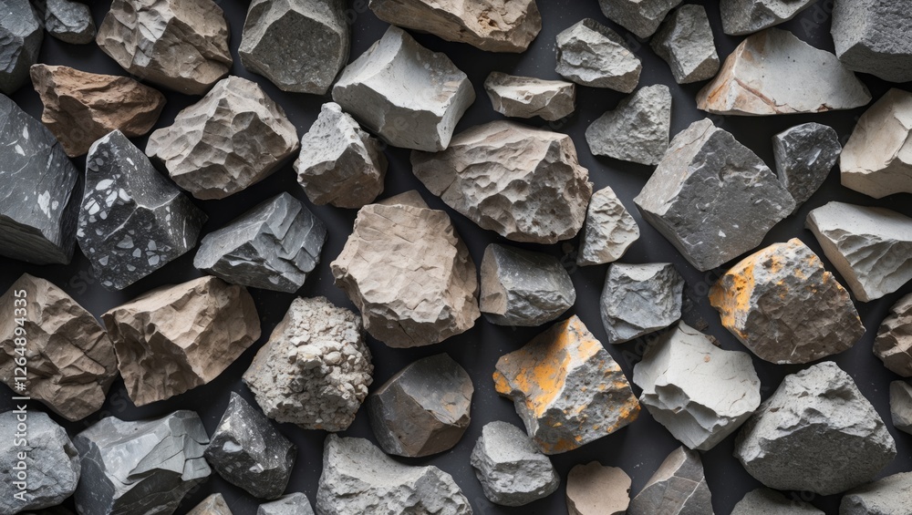 Poster variety of textured rocks and stones in various shades and sizes arranged on a surface ideal for bac