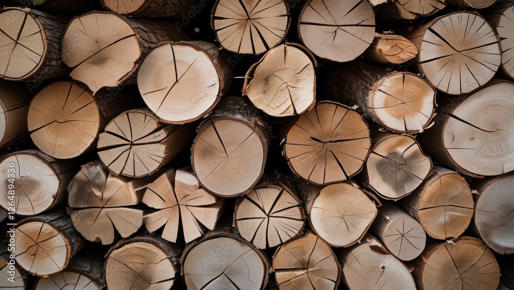 Poster wooden logs stacked together with visible tree rings and cross-sections natural texture background c