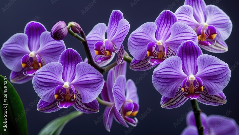 Poster purple orchid flowers with intricate details and deep color against a dark background with copy spac