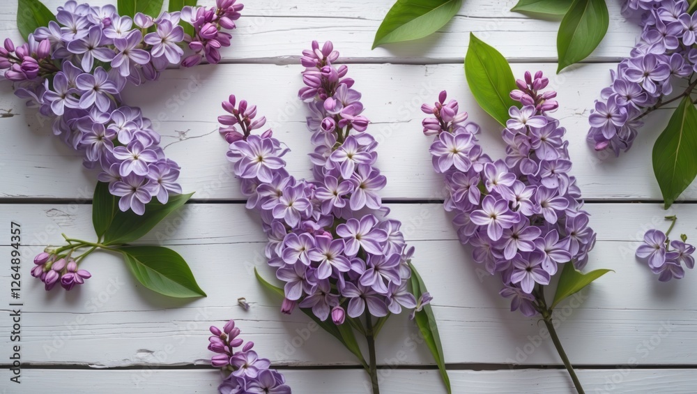 Poster lilac flowers in bloom arranged on a white wooden background with leaves and copy space for text