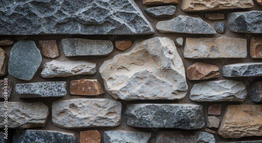 Poster Textured stone wall with various sizes and colors of rocks arranged in a natural pattern suitable for background use and layering Copy Space