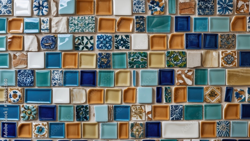 Aufkleber colorful mosaic tile wall background with various shapes and patterns in blue, green, yellow and whi