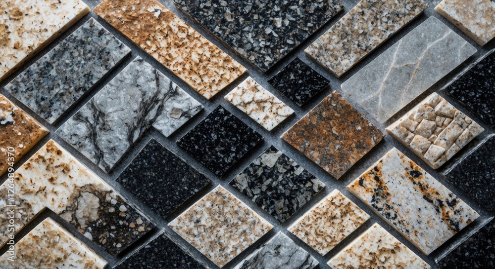 Poster Geometric pattern of various textured stones and tiles in earth tone colors on a wall surface with Copy Space