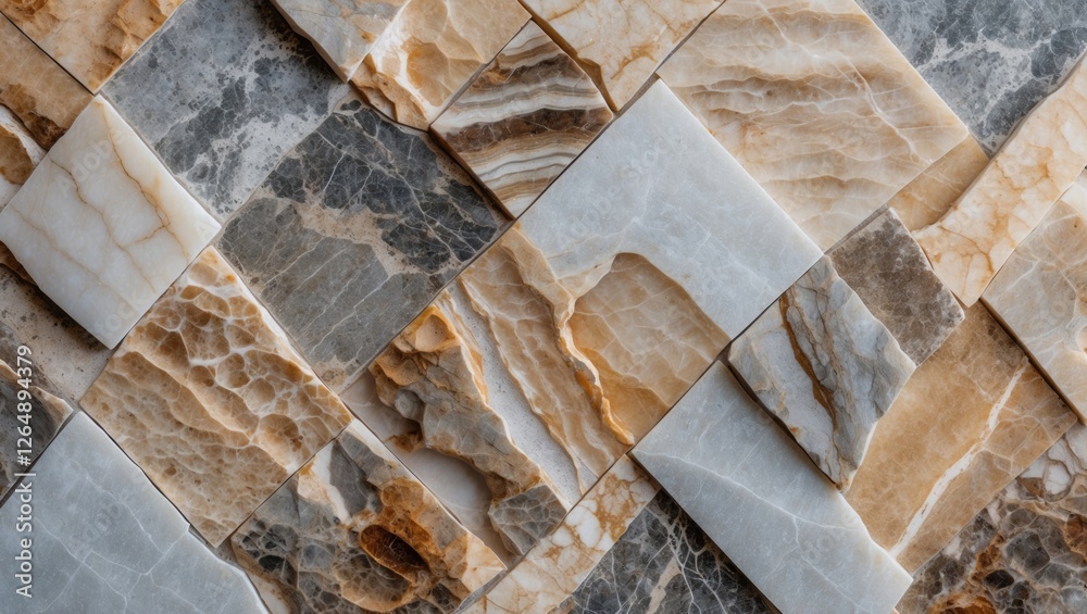 Poster textured marble tile pattern in beige, gray and white colors with geometric layout and natural veini