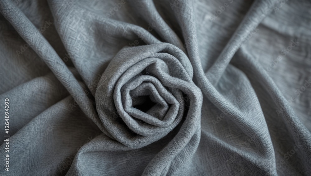 Poster gray fabric arranged in a rose shape with textured background and soft folds, ideal for textile desi