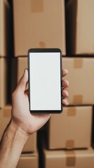 Modern Smartphone in Hand, Amidst Cardboard Boxes