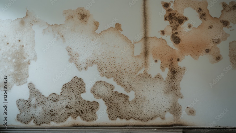 Aufkleber Wall with water damage and mold growth displaying various patterns and textures, light background with dark stains and bubbles, Copy Space