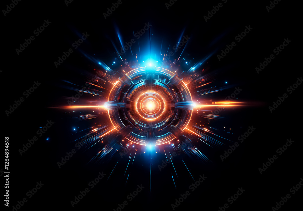 Aufkleber Abstract image displays a central glowing circle emitting radiant orange and blue light rays against a dark backdrop, creating a dynamic and energetic visual effect.