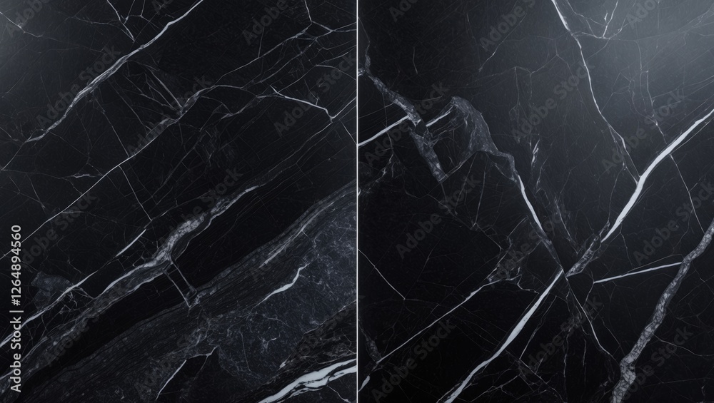 Aufkleber Black marble texture with white veining split into two sections showcasing natural patterns and glossy surface ideal for backgrounds or design elements