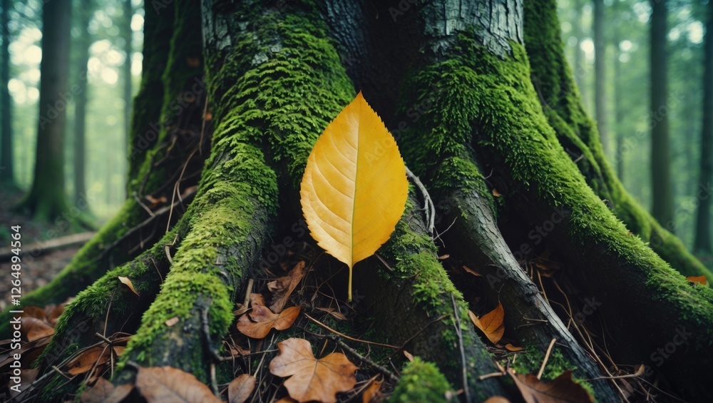 Poster Close-up of a yellow leaf resting on moss-covered tree roots in a forest environment with scattered brown leaves and soft sunlight filtering through trees.