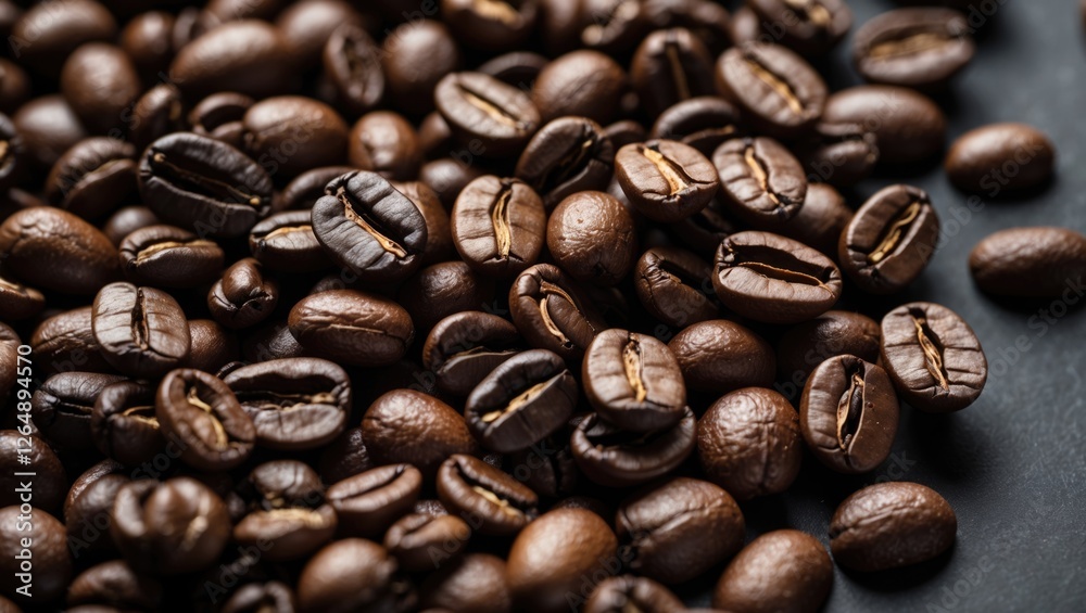 Poster close-up of assorted roasted coffee beans on dark surface with natural lighting and textured details