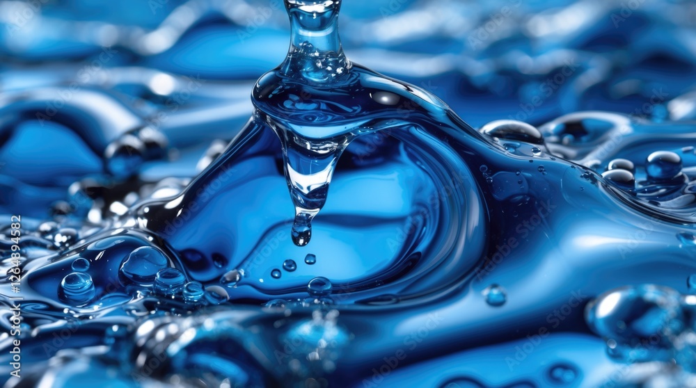 Poster close-up view of water droplets and waves in vivid blue tones with bubbles and reflections natural l