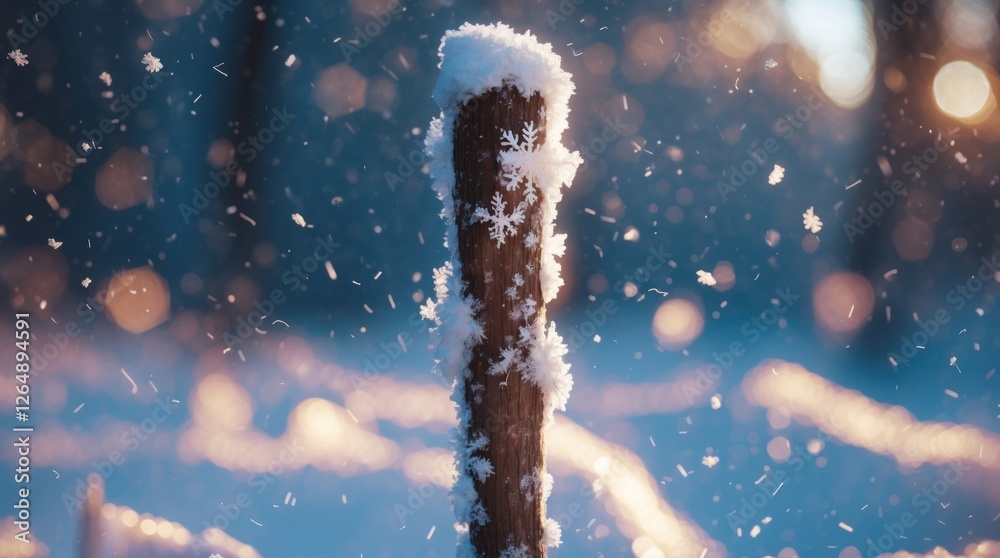 Poster snow-covered wooden post with falling snowflakes in a winter landscape, soft bokeh background with b