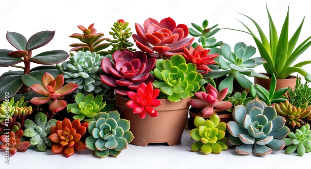 Poster assorted succulent plants in various colors and shapes with terracotta pot and green leaves on white