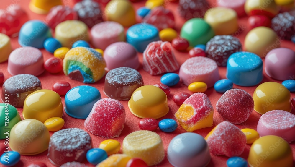 Poster Colorful assortment of assorted candies on vibrant background with plenty of Copy Space for text insertion