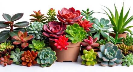 Fototapeta premium Assorted Succulent Plants in Various Colors and Shapes with Terracotta Pot and Green Leaves on White Background Copy Space