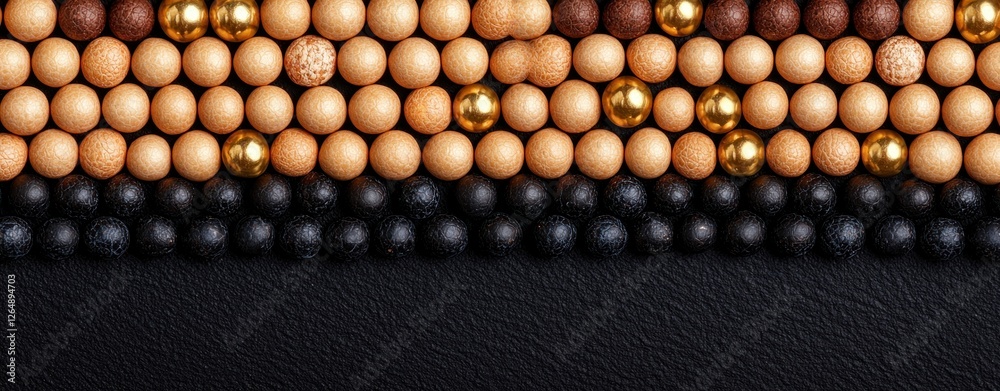 Poster colorful arrangement of wooden beads on black background with varying textures and tones in a stylis
