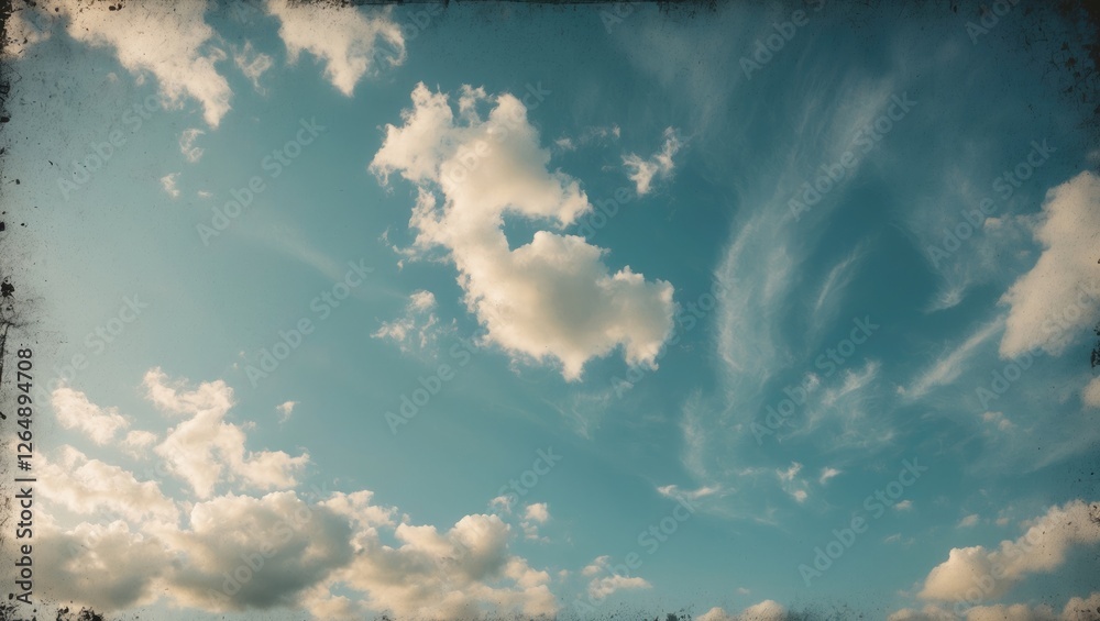 Aufkleber blue sky with fluffy clouds and a vintage texture effect, ideal for backgrounds and design, copy spa