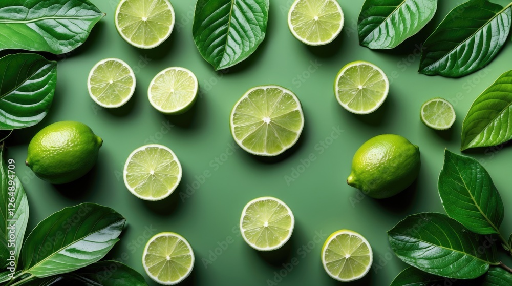 Aufkleber Fresh green limes and leaves arranged on a green background with circular lime slices and copy space for text placement