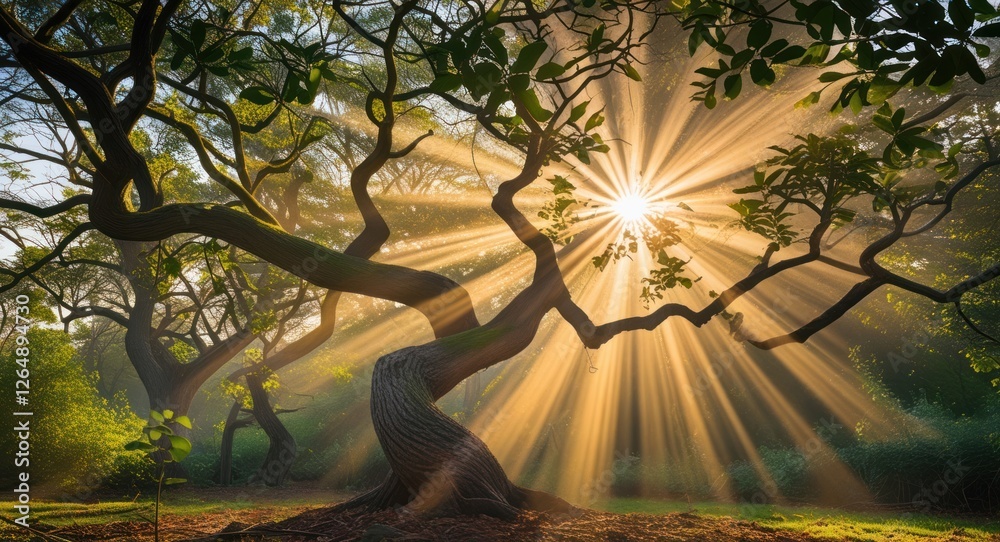 Poster sunlight streaming through branches of an ancient tree creating dramatic rays in a lush forest setti