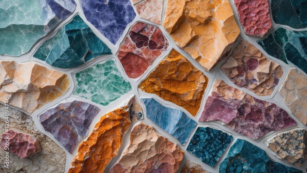 Poster colorful mosaic stone wall texture with various shapes and sizes of stones in vibrant hues and patte