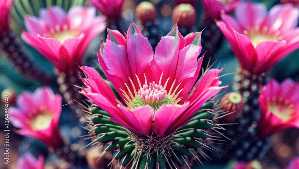 Poster colorful pink cactus flowers with sharp spines in a desert setting demonstrating vibrant natural bea