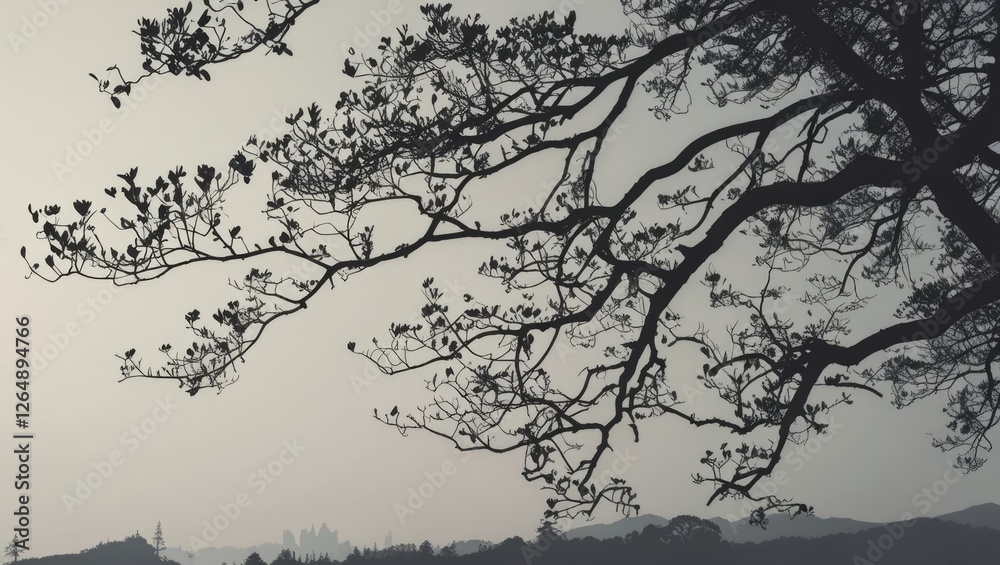 Poster Silhouette of tree branches against a misty landscape with soft focus background and monochrome tones Copy Space