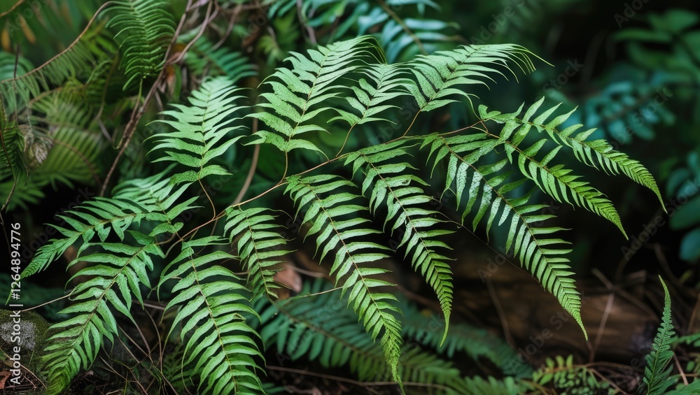 Poster lush green ferns in a natural forest setting with soft focus on background and clear detail on leave