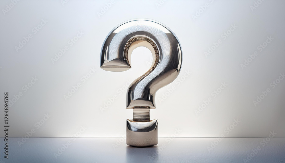 Poster shiny silver or chrome question mark on white background. faq and qa. problem solution.