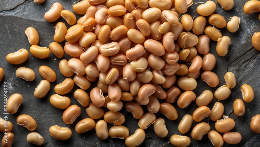 Poster Raw brown beans scattered on a dark textured surface showcasing their natural color and shape with ample copy space.