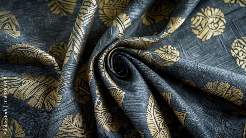 Poster black and gold patterned fabric swirl with intricate floral design and textured background, suitable
