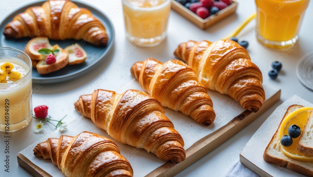 Aufkleber freshly baked croissants on a wooden board accompanied by juices and fruits arranged on a table with