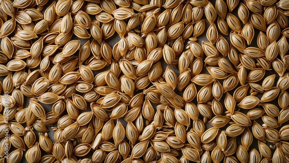 Poster Close-up of dry seeds with hard shells arranged on a flat surface natural texture background with Copy Space