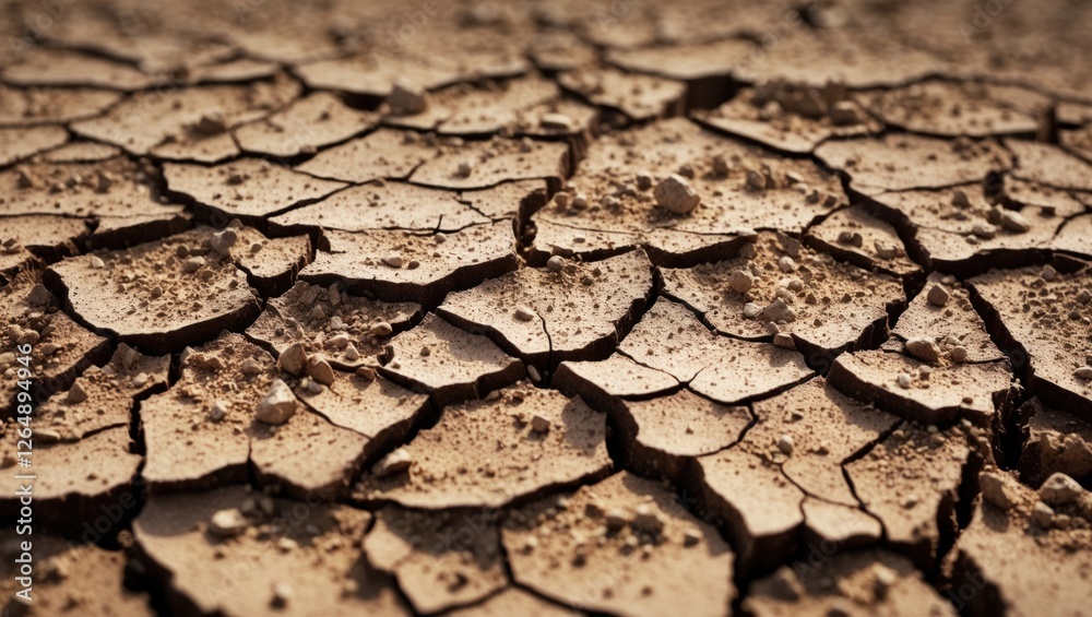 Poster dry cracked earth surface with exposed soil and small stones texture, indicating drought conditions 