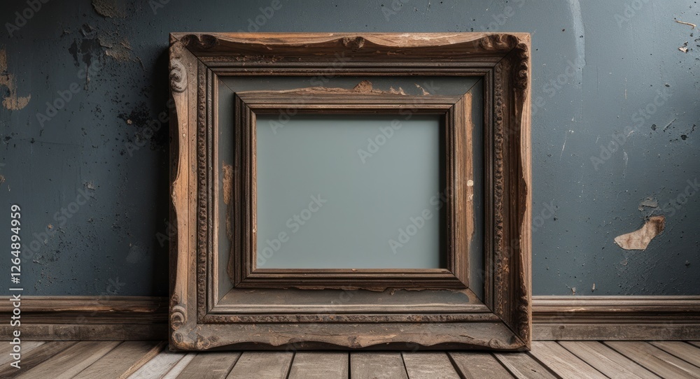 Poster old wooden picture frame with empty space for artworks against a distressed wall and wooden floor co