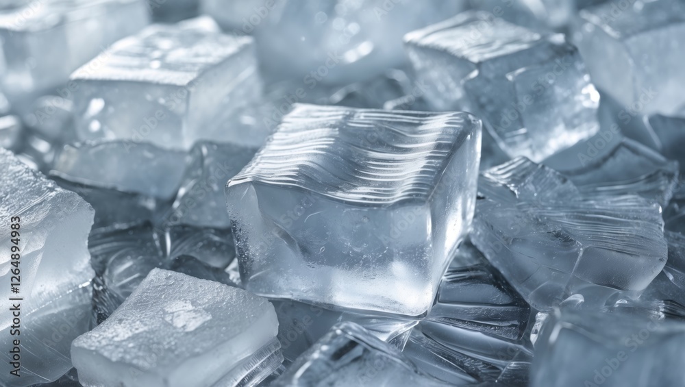 Poster close-up of clear ice cubes arranged on a flat surface with reflections and textures visible copy sp