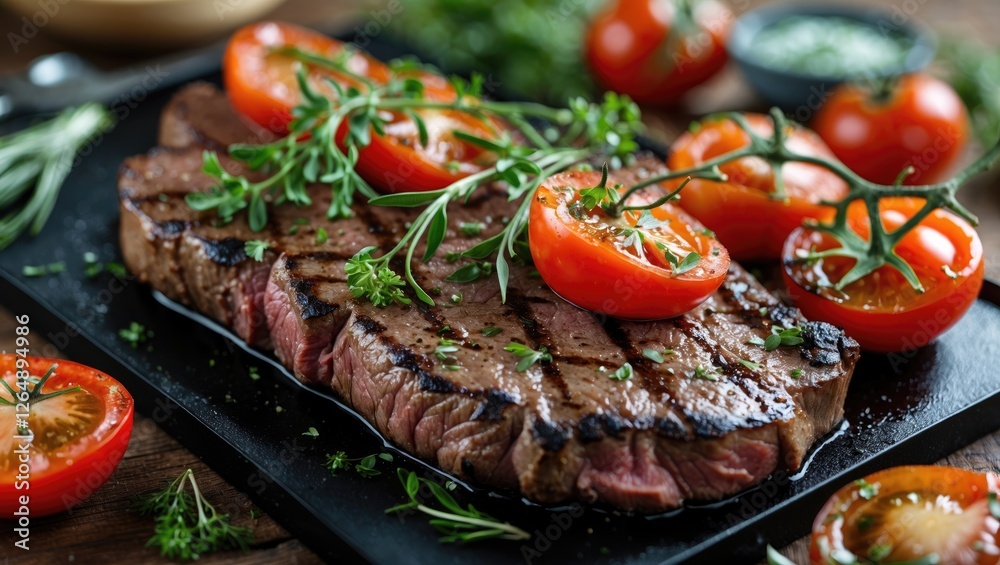 Aufkleber grilled steak with sliced tomatoes and fresh herbs on a black slate plate with rustic wooden backgro