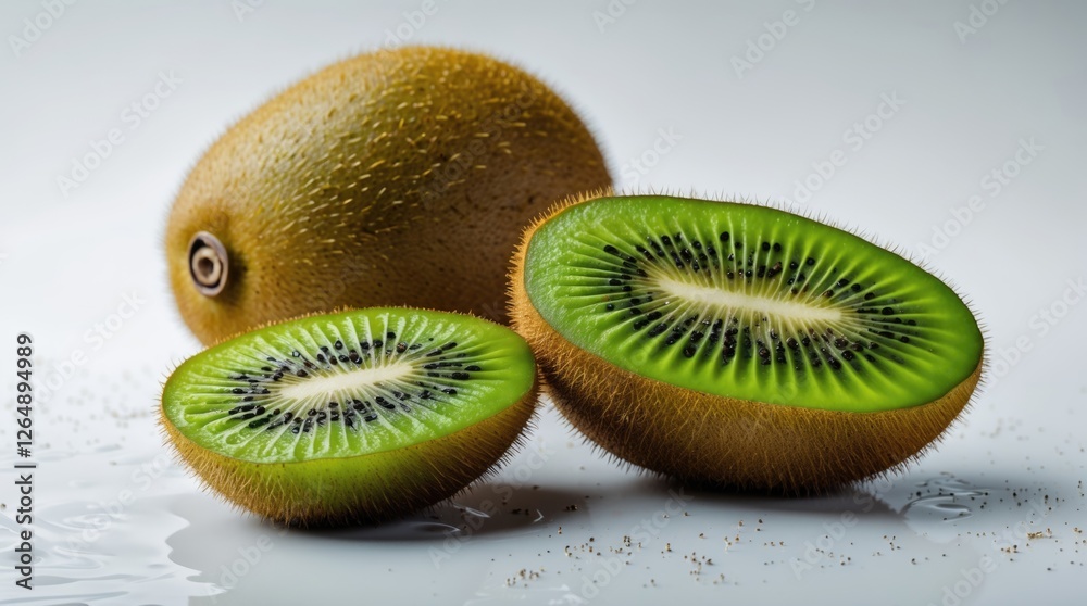 Poster fresh green kiwi fruit halves and whole kiwi on white background with water droplets and copy space 