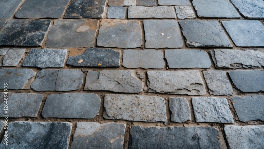 Aufkleber close-up view of worn cobblestone pavement in various shades of gray with earthy tones and textures 