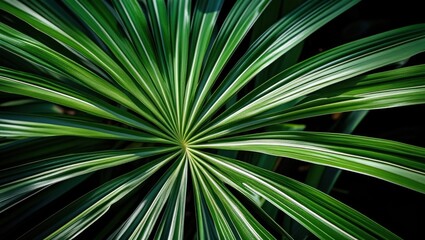 Close-up of a tropical plant leaf with long green leaves radiating from the center Copy Space