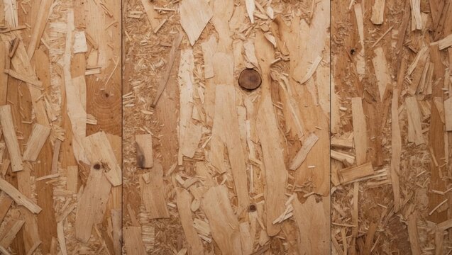 Textured oriented strand board surface with wooden particles and natural grain patterns, suitable for backgrounds and design with Copy Space.