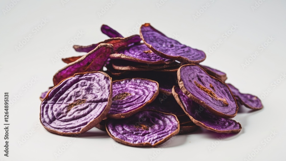 Poster dried purple vegetable slices arranged in a pile on a white background with copy space for text.