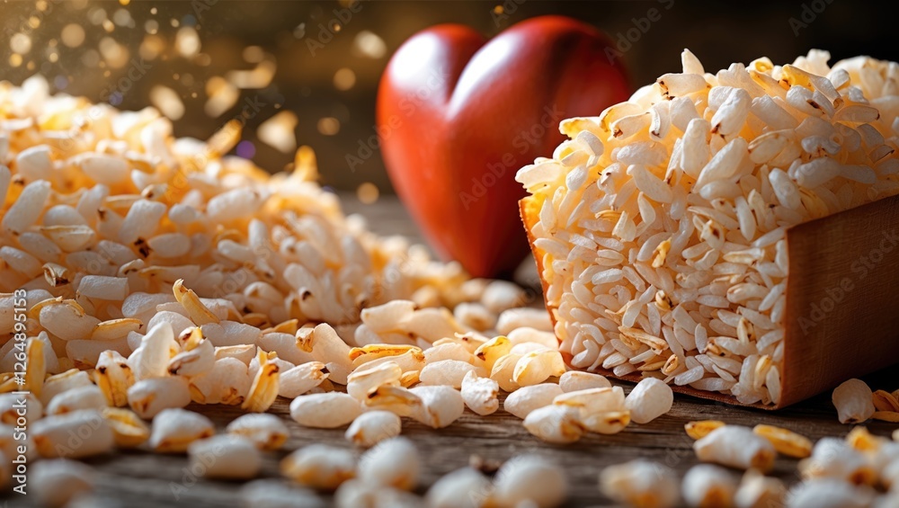 Aufkleber raw rice grains scattered with a wooden container and a red heart shape on a rustic wooden surface w