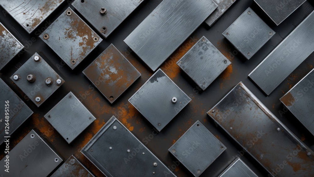 Poster Rusty metallic plates arranged in a geometric pattern with varying sizes and textures against a dark background Copy Space