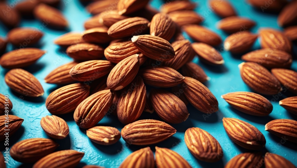 Poster Close-up view of scattered raw almonds on a vibrant blue surface with textured background and ample Copy Space for text