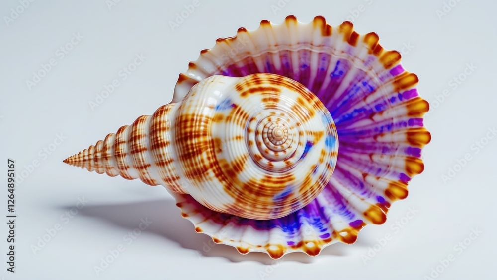 Poster Close-up view of a colorful tropical seashell with intricate patterns on a white background, ideal for marine or nature themes, Copy Space