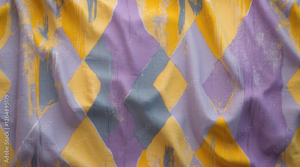 Aufkleber Textured fabric with colorful diamond pattern in yellow, purple, and soft grey tones suitable for various design applications Copy Space