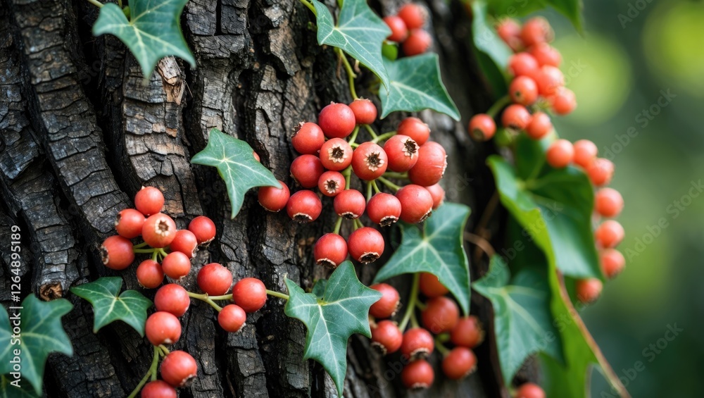 Aufkleber Red berries and green ivy leaves growing on a textured tree bark close-up with natural bokeh background and ample copy space