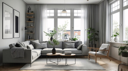 Fototapeta premium Peaceful and inviting Scandinavian living room with neutral gray couch minimalist design and natural decor to create a calm retreat Modern Interior Design Inspiration