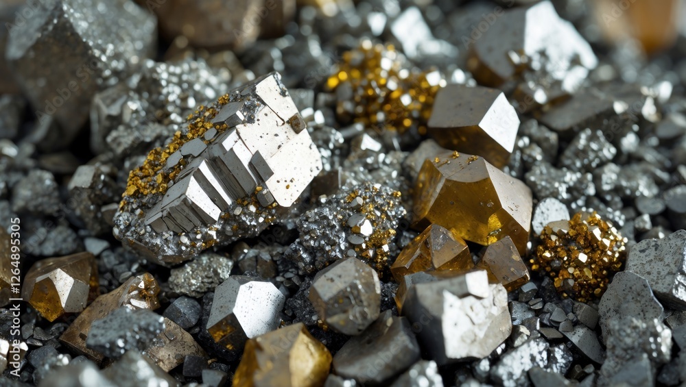 Poster close-up view of metallic mineral clusters with various crystal shapes including pyrite and hematite